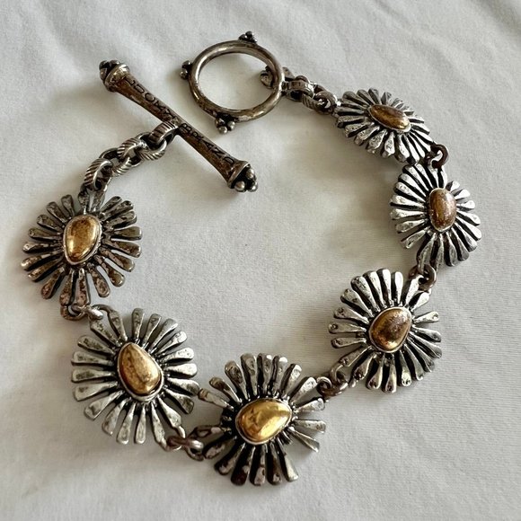 Lucky Brand Two Silver Gold Tone Starburst Link Toggle Bracelet - Picture 8 of 9